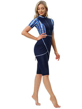Load image into Gallery viewer, CROP Short Muslim Swimwear Womens Modest Muslim Swimsuit Burkini With Front Zip Denim Blue