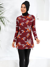 Load image into Gallery viewer, Wine Red Print Modest Muslim Swimwear Burkini