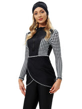 Load image into Gallery viewer, Muslim Swimwear Burkini with Bra Pad + Front Zipper Black and White Grid