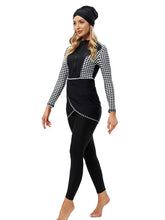 Load image into Gallery viewer, Muslim Swimwear Burkini with Bra Pad + Front Zipper Black and White Grid