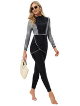 Load image into Gallery viewer, Muslim Swimwear Burkini with Bra Pad + Front Zipper Black and White Grid