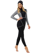 Load image into Gallery viewer, Muslim Swimwear Burkini with Bra Pad + Front Zipper Black and White Grid