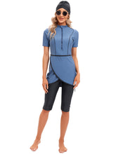 Load image into Gallery viewer, CROP Short Muslim Swimwear Womens Modest Muslim Swimsuit Burkini With Front Zip Blue