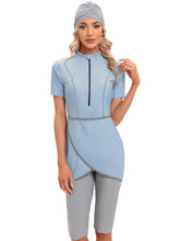 Load image into Gallery viewer, CROP Short Muslim Swimwear Womens Modest Muslim Swimsuit Burkini With Front Zip Light Blue