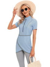 Load image into Gallery viewer, CROP Short Muslim Swimwear Womens Modest Muslim Swimsuit Burkini With Front Zip Light Blue