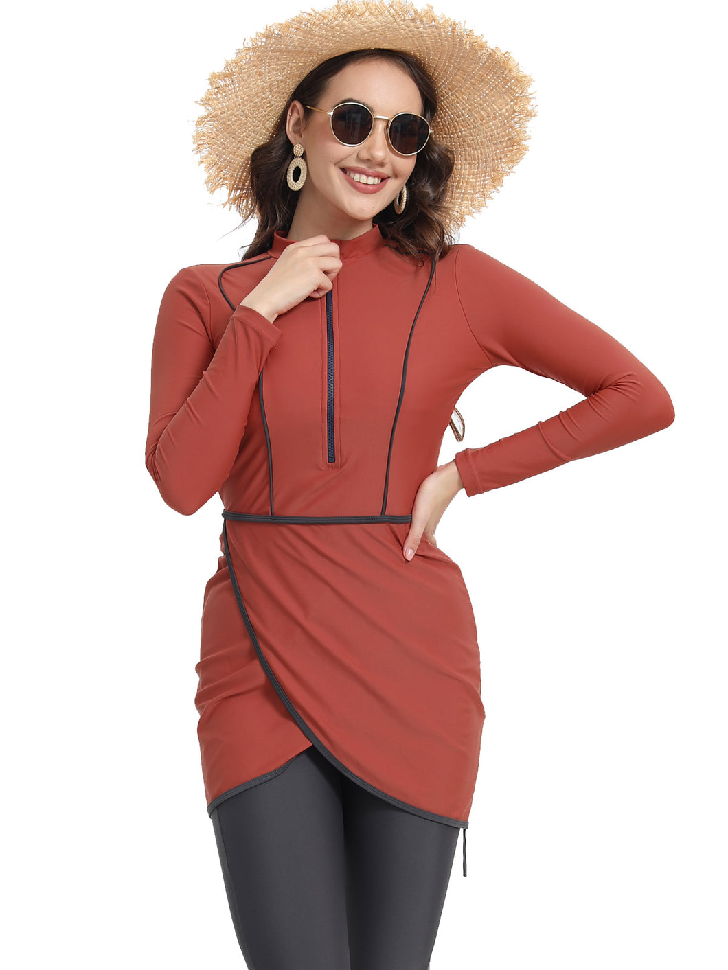 2024 Women Modest Muslim Swimwear   Sport Long Sleeves Swimsuit 3pcs  Burkini + Bra Pad