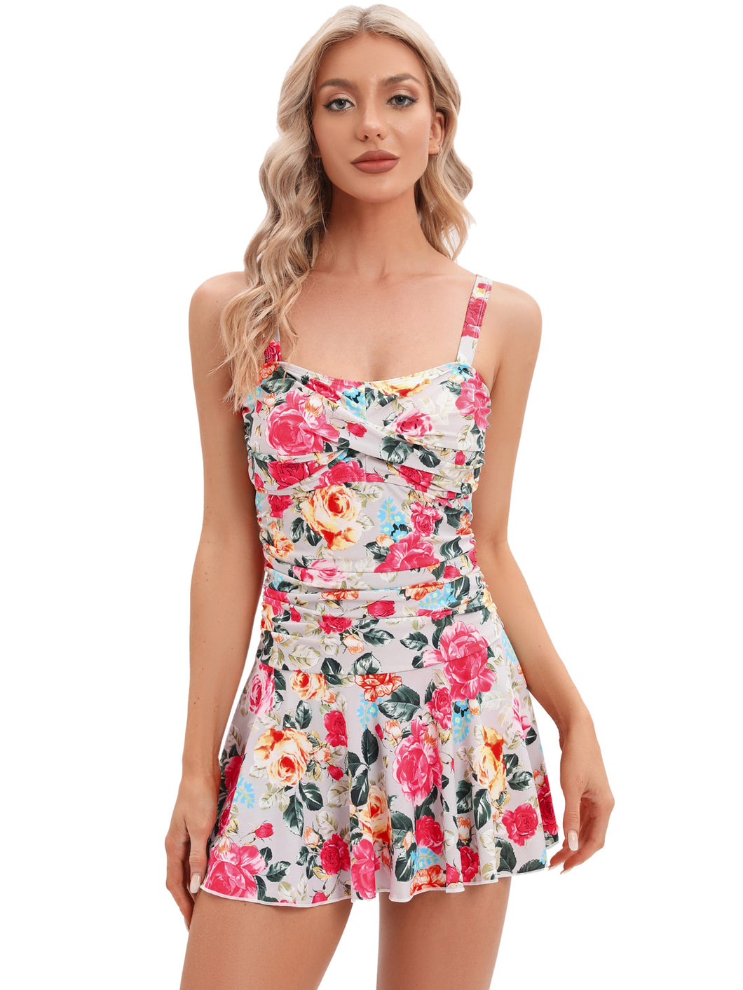 Red Floral Women's Plus-Size Flower Printing Shaping Body One Piece Swim Dresses Swimsuit