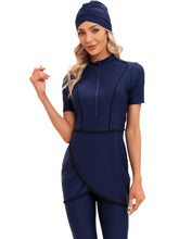 Load image into Gallery viewer, CROP Short Muslim Swimwear Womens Modest Muslim Swimsuit Burkini With Front Zip Navy Blue
