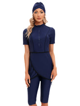 Load image into Gallery viewer, CROP Short Muslim Swimwear Womens Modest Muslim Swimsuit Burkini With Front Zip Navy Blue
