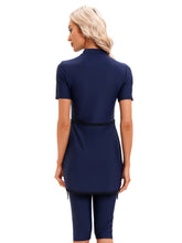 Load image into Gallery viewer, CROP Short Muslim Swimwear Womens Modest Muslim Swimsuit Burkini With Front Zip Navy Blue
