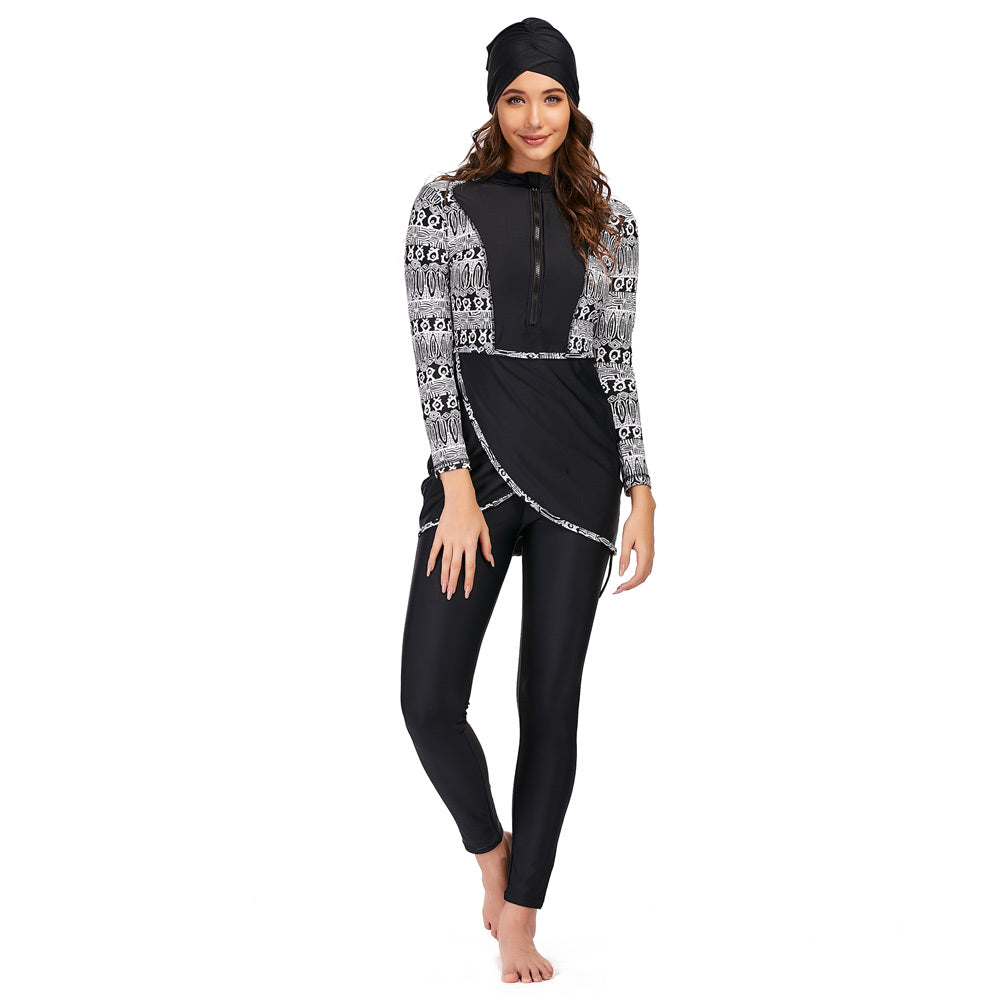Black Geometric Print Muslim Swimwear Burkini