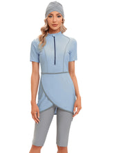 Load image into Gallery viewer, CROP Short Muslim Swimwear Womens Modest Muslim Swimsuit Burkini With Front Zip Light Blue
